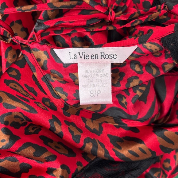 La Vie En Rose Red & Black Satin Leopard Slip Dress Nightgown Lace Detail - Picture 7 of 11